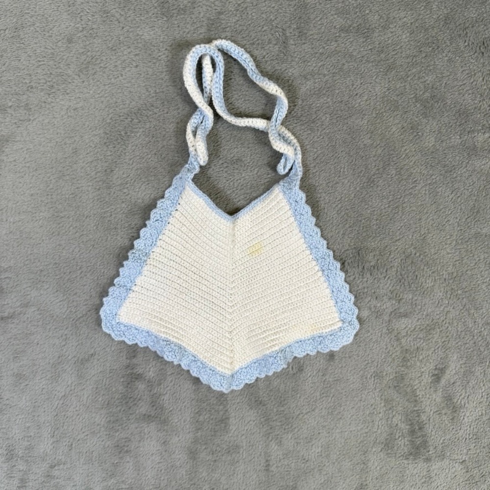 Handmade Crochet Baby Bib White Light Blue Scalloped Edge Vintage Style 12658